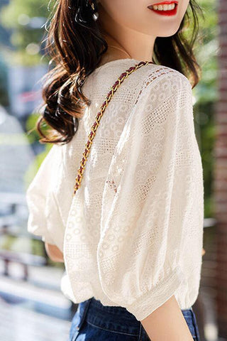 Lace Embroidery Lantern Sleeve Loose Shirt