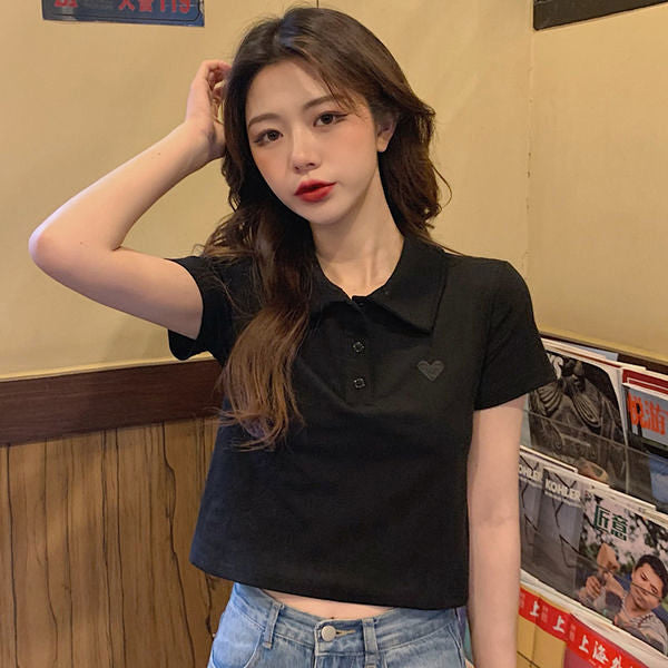 Love Embroidery Collar Crop Tops