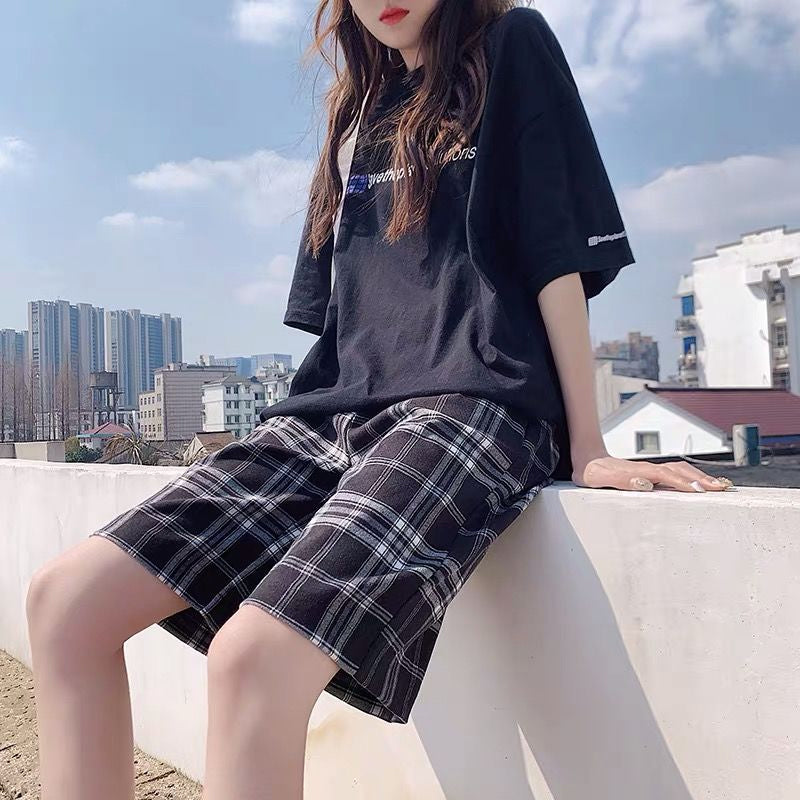 High Waist Black Plaid Cotton Summer Shorts Pants