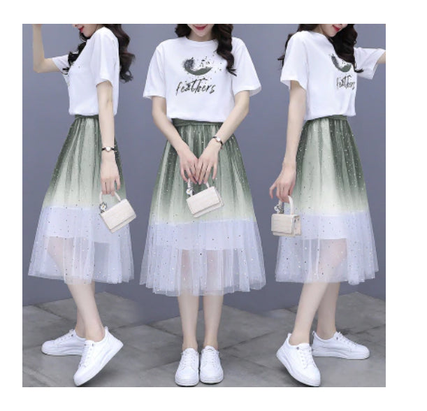 2 Piece Set Gradient Mesh Skirts With Shirt