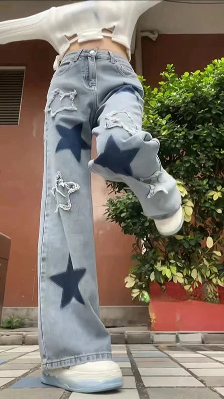 Pantalones vaqueros holgados con estrellas azules Y2K