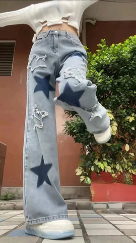 Pantalones vaqueros holgados con estrellas azules Y2K