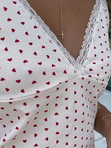 Y2K Aesthetic V-Neck Camisole with Contrast Lace Detail, Geometric Heart Pattern, Knit Fabric Slingback Top, 95% Polyester 5% Elastane, 180g/m² Lightweight Fabric
