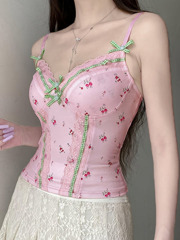 Chic Y2K Floral & Plaid Lace-Trim Cami Top - French-Inspired, Stretchy Linen Blend, Machine Washable - Perfect for All Seasons