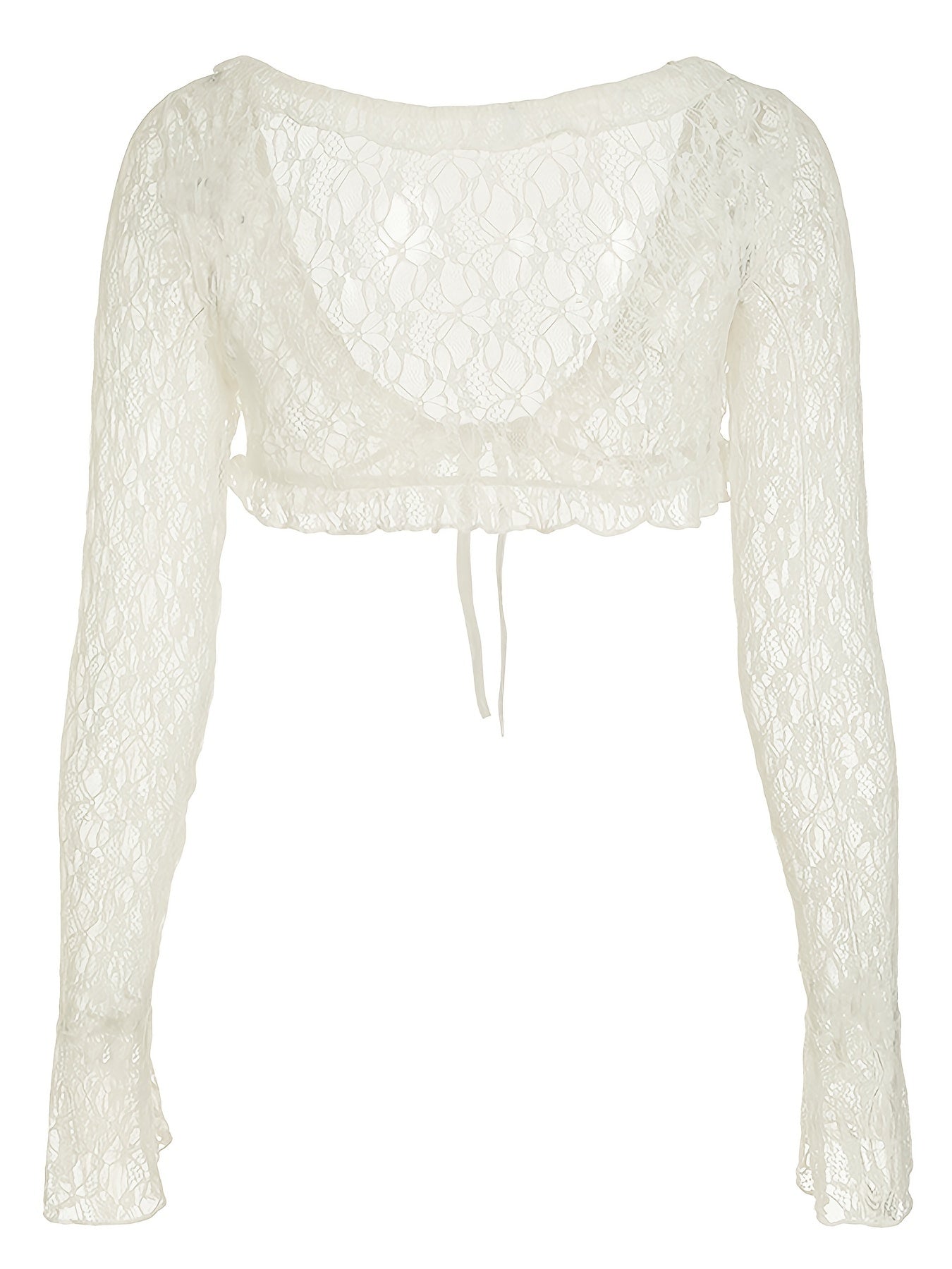 Chic Y2K-Inspired Sheer Lace Cropped Cardigan with Ruffle Hem - French Style Bell Sleeve V-Neck, Polyester Blend, Machine Washable - Versatile All-Season Top