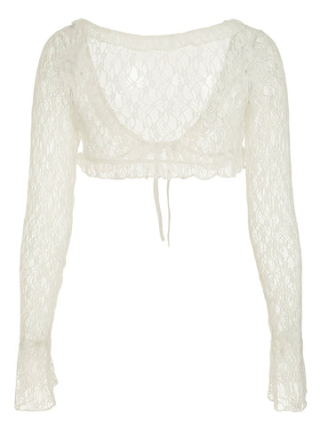Chic Y2K-Inspired Sheer Lace Cropped Cardigan with Ruffle Hem - French Style Bell Sleeve V-Neck, Polyester Blend, Machine Washable - Versatile All-Season Top