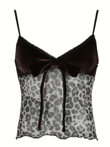 Y2K-Inspired Leopard Print and Velvet V-Neck Camisole with Lace Detailing and Bow Accent, Adjustable Straps - Stylish French Streetwear
