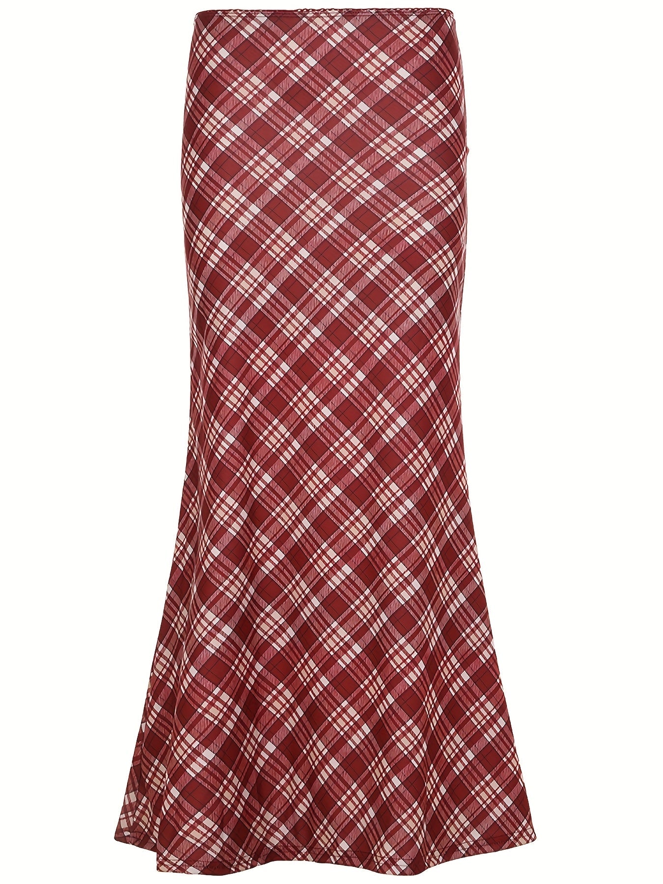 Y2K-Inspired Harajuku Plaid Maxi Skirt with Mermaid Hem - Stretchy Polyester Blend, Machine Washable, Red & Black Checkered Pattern for All Seasons, Allseason Fashion|Bold Pattern Skirt|Flexible Clothing