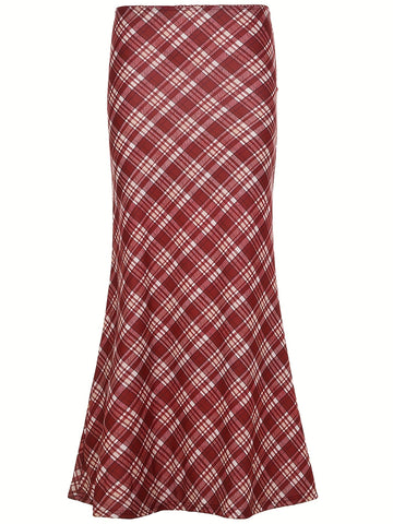 Y2K-Inspired Harajuku Plaid Maxi Skirt with Mermaid Hem - Stretchy Polyester Blend, Machine Washable, Red & Black Checkered Pattern for All Seasons, Allseason Fashion|Bold Pattern Skirt|Flexible Clothing