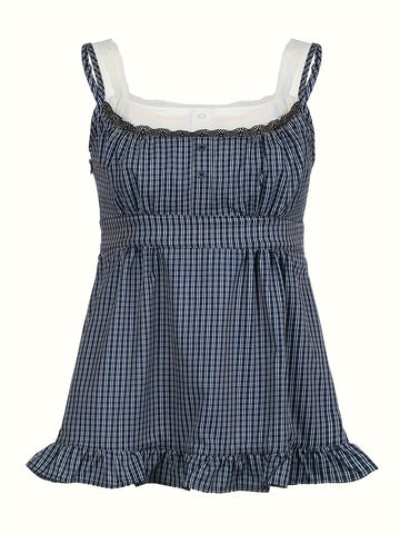 Y2K Checkered Faux Two-Piece Lace Layered Tank Top for Japanese And Korean Style.