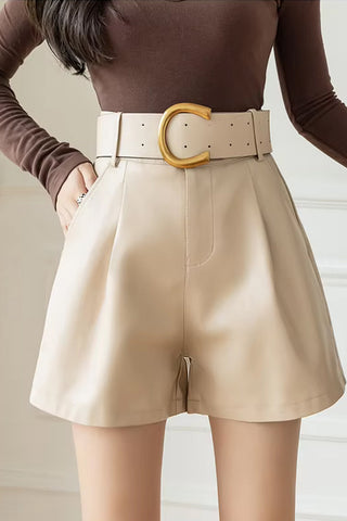 High Waist Elegant Belt Office Leather Shorts