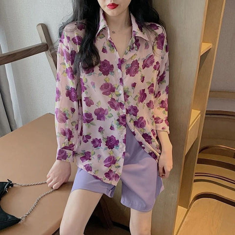 Long Sleeve Flowers Pattern Casual Chiffon Blouse Shirt