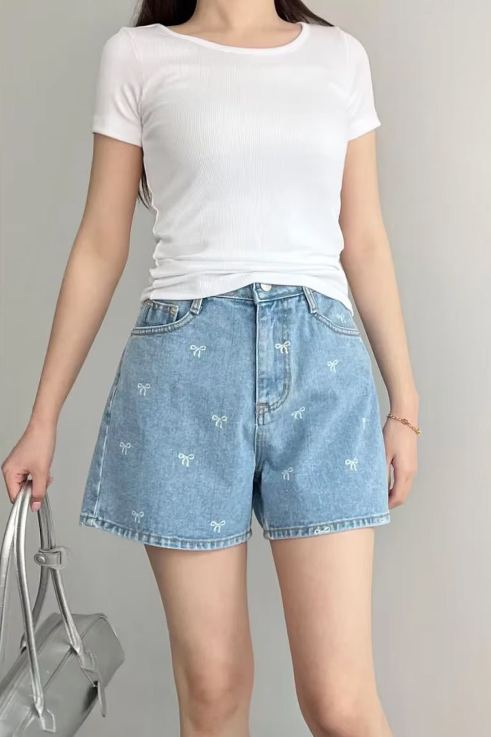 Casual Bowknot Embroidered Denim Shorts