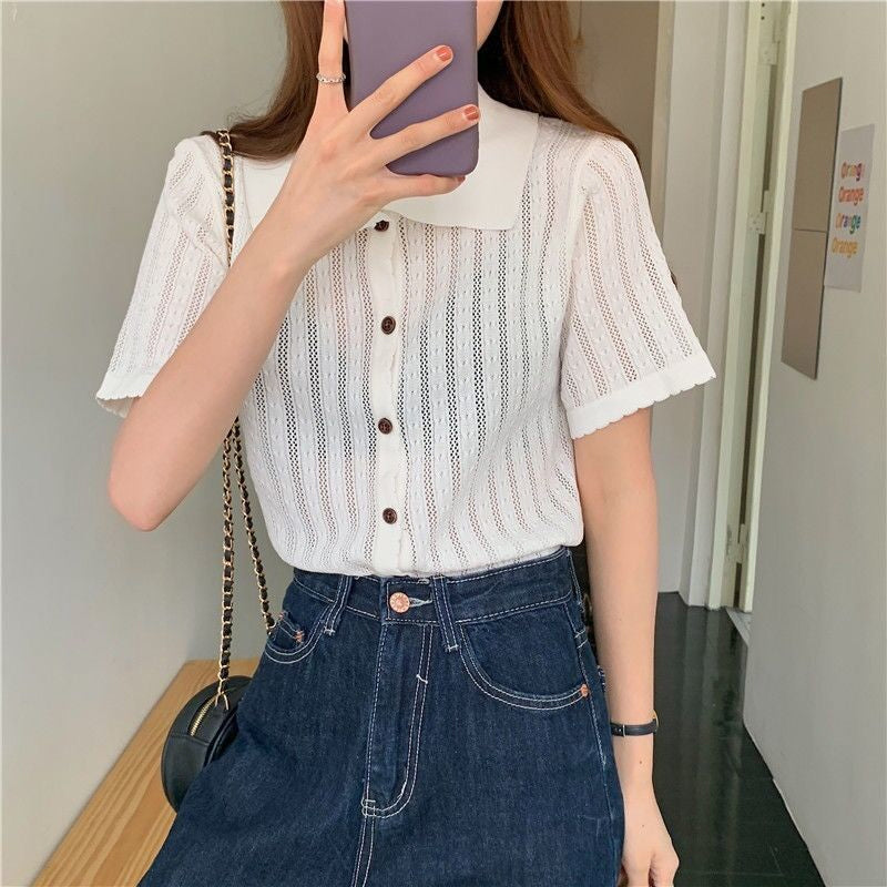 Short Sleeve Turn Down Collar Hollow Out Shirts