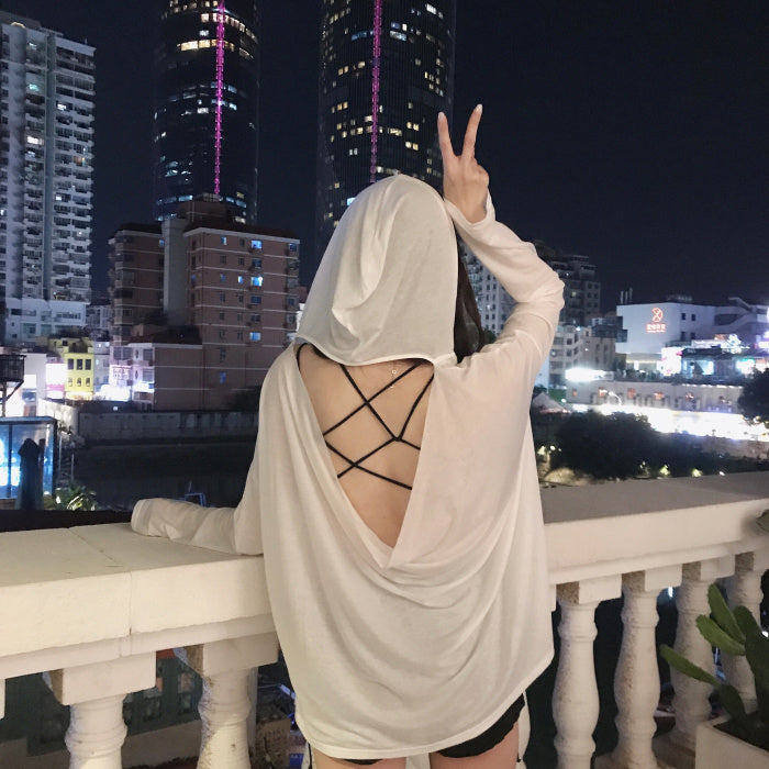 Sexy Backless Loose Thin Hooded Long Sleeve Shirt