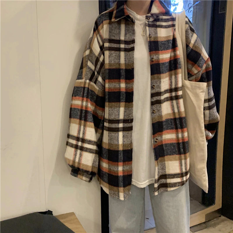 Korean Plaid Single Breasted Oversize Shirt