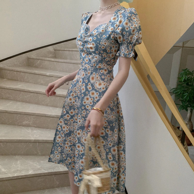 Flowers Pattern Puff Sleeve Split Dress