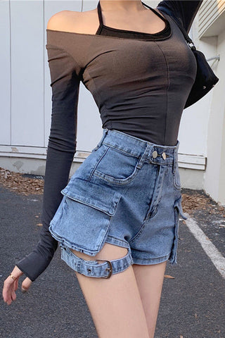 High Waist Cargo Pockets Denim Shorts