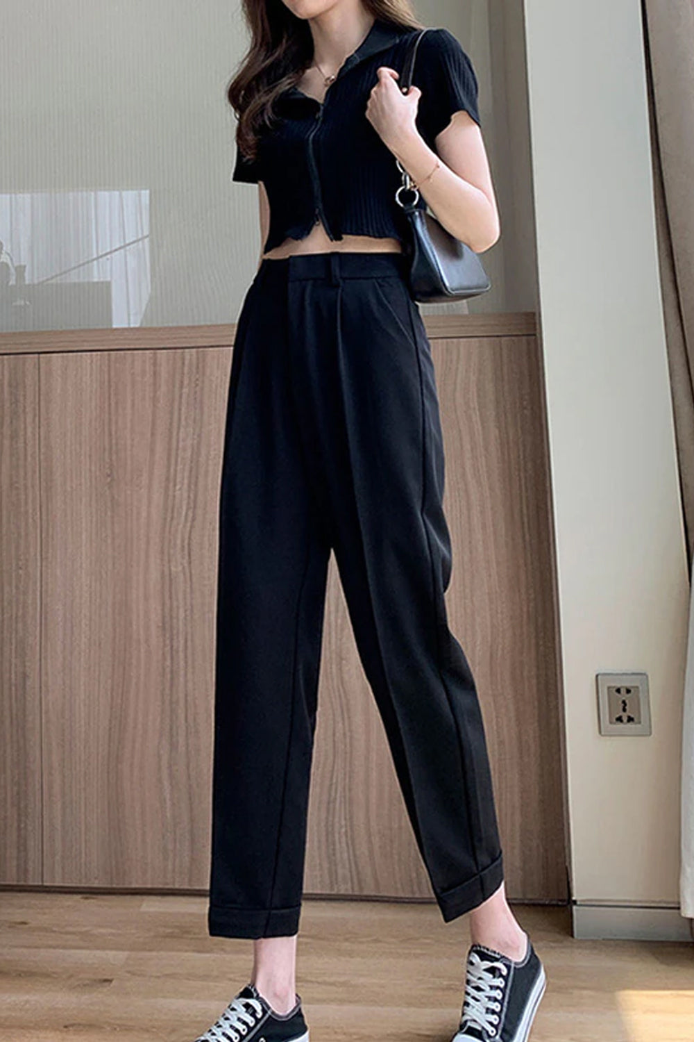 High Waist Pleated Ankle Length Long Pants