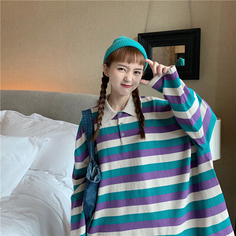 Striped Turn Down Collar Long Sleeve Shirt