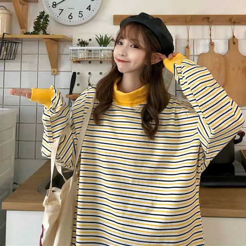 Yellow Turtleneck Loose Striped Sweater