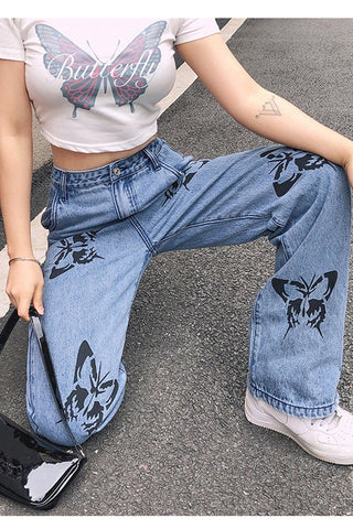 Lockere Jeanshose mit hoher Taille und Schmetterlingsmuster 