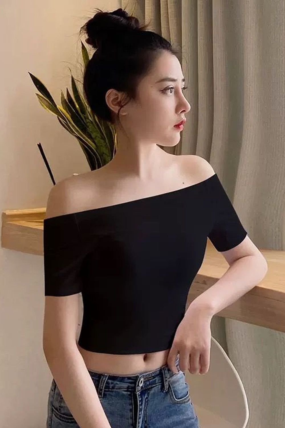 Sexy Skinny Slim-Shirts mit Schlitzausschnitt 