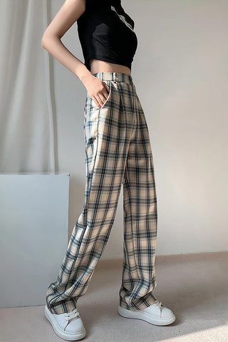 High Waist Plaid Elegant Long Pants