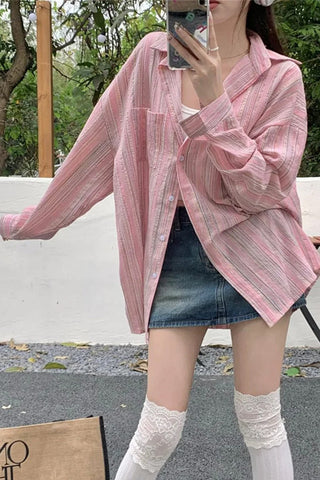 Long Sleeve Elegant Pink Striped Blouse Shirt