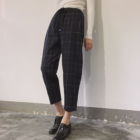 High Waist Elegant Slim Ankle Plaid Pants