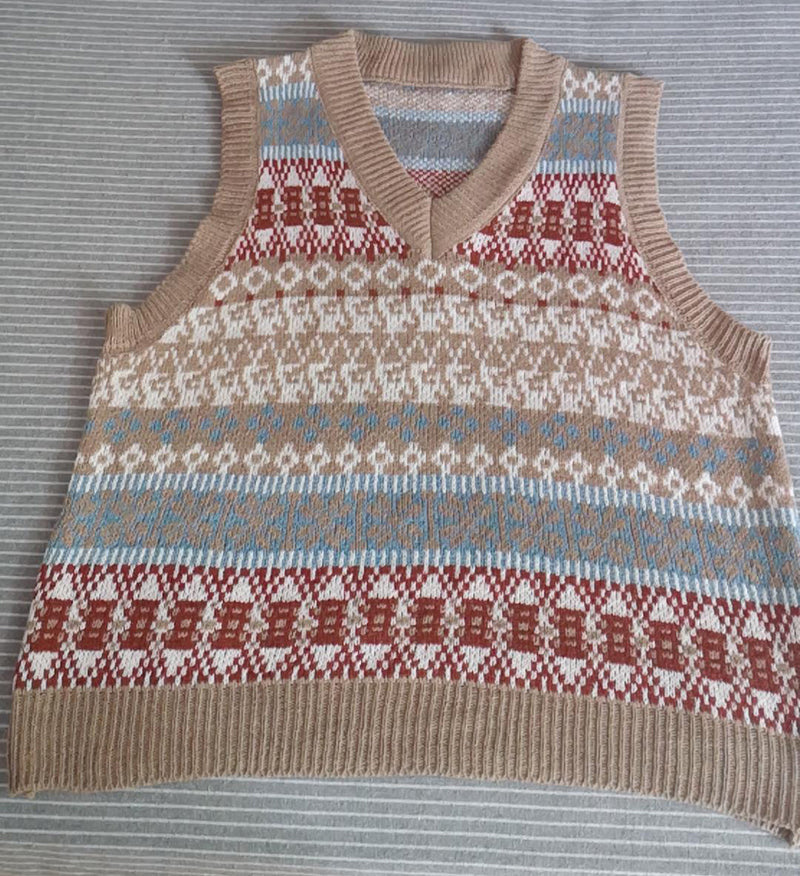 Aprikosenfarbener ärmelloser Strickwestenpullover mit Argyle-Muster