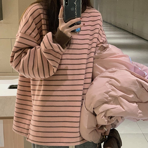 Long Sleeve Loose Pink Striped Shirt