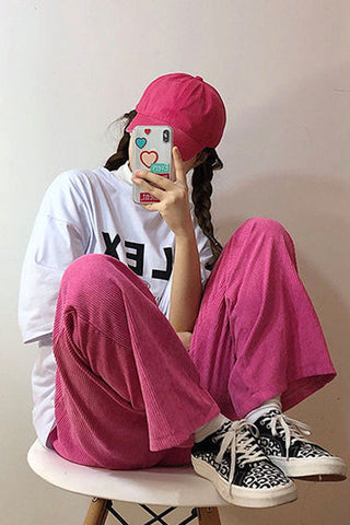 High Waist Pink Corduroy Loose Pants