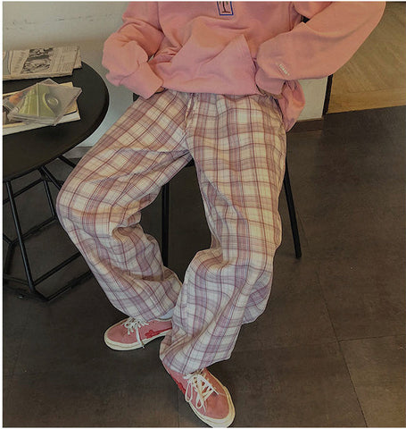 High Waist Pink Plaid Joggers Sweatpants