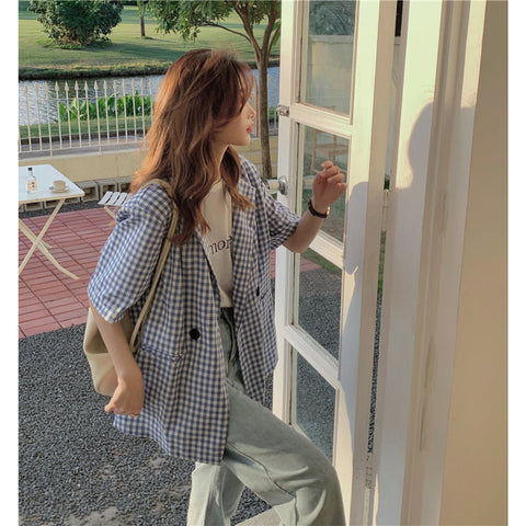 Plaid Style Loose Short Sleeve Blazer