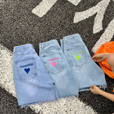 High Waist Cute Heart Shape Vintage Shorts Jeans