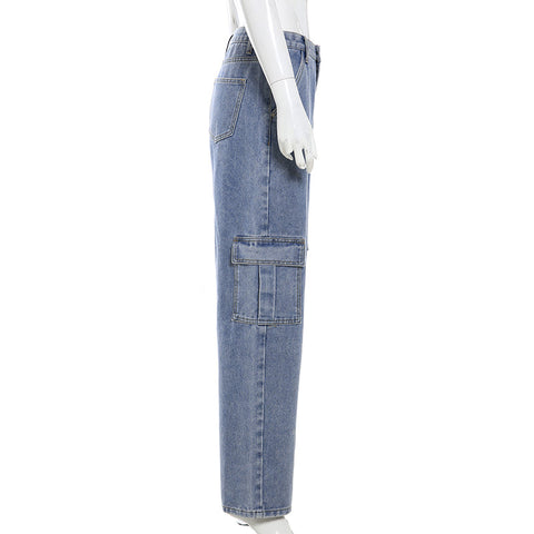 Side Cargo Pocket Loose Straight Denim Pants