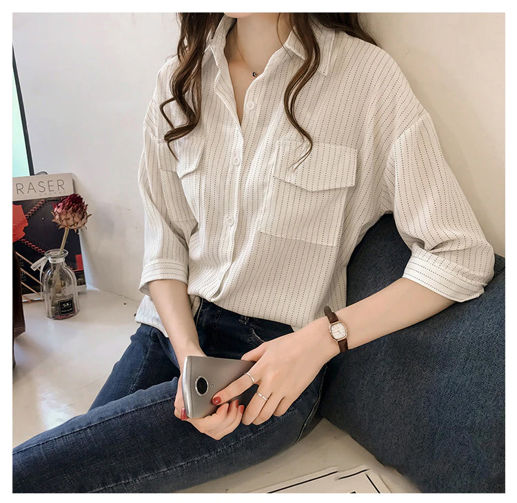 Three Quarter Sleeve Striped Blouse Shirt