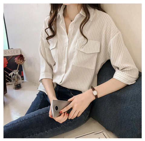 Three Quarter Sleeve Striped Blouse Shirt