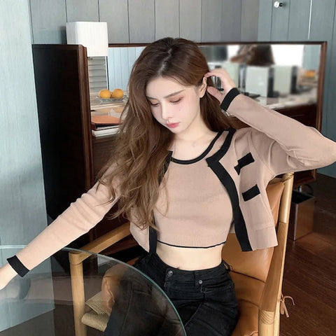 Long Sleeve Color Block Thin Cardigan Set