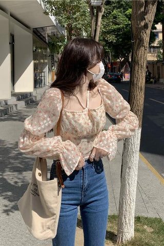 Hanging Neck Square Collar Floral Blouse Shirts