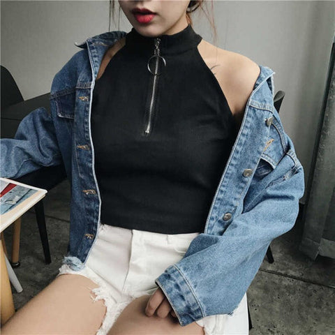 Sexy Sleeveless High Collar Zipper Crop Tops