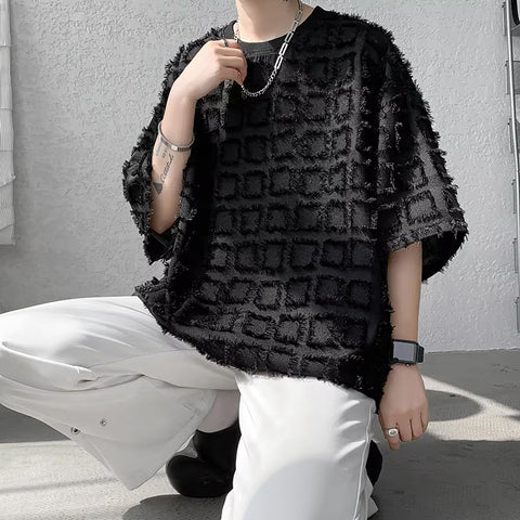 Loose Half Sleeve Ripped Plaid Pattern Men Shirt