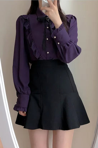 Long Sleeve Cute Bow Tie Retro Office Blouse Shirt