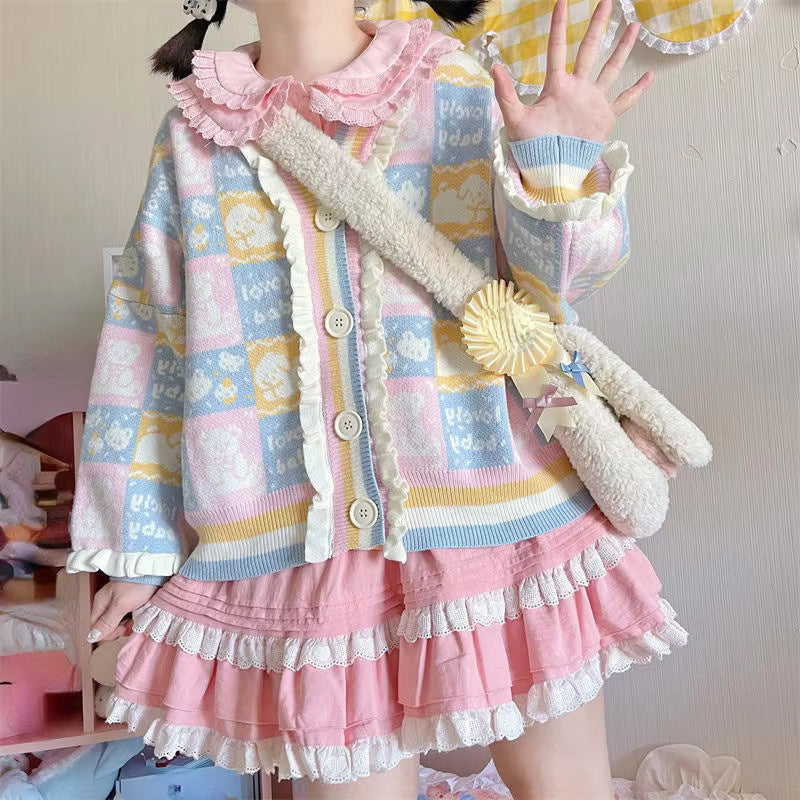 Loose Vintage Cartoon Pattern Ruffled Sweater