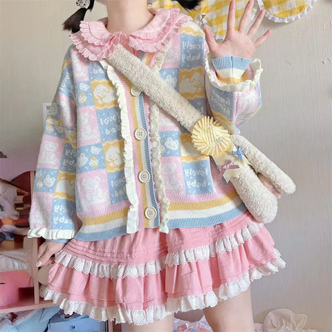 Loose Vintage Cartoon Pattern Ruffled Sweater