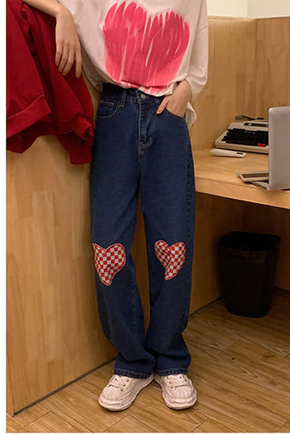 High Waist Heart Checkered Shape Loose Long Jeans Pants
