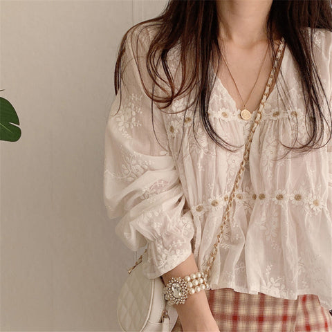 V-Neck Flower Hollow Out Loose Blouse Shirt