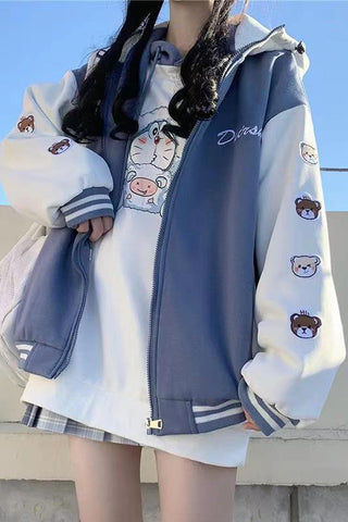 Chaqueta de béisbol con capucha y estampado de osos sueltos 