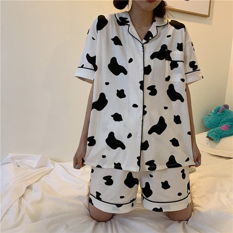 Short Sleeve Cow Pattern Printed 2Pcs Pajamas Set